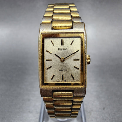 Pulsar Tank Watch Women 17mm Champagne Dial Gold Tone Rectangle New Battery0
