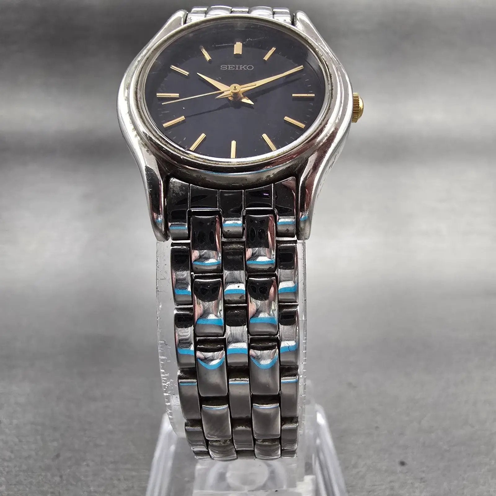 Seiko Watch Women 24mm Black Dial Silver Tone Round V401-1609 New Battery VTG5