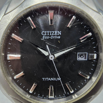 Citizen Eco-Drive Watch Men 38mm Black Dial Titanium Date E111-S049610 Runs JP1