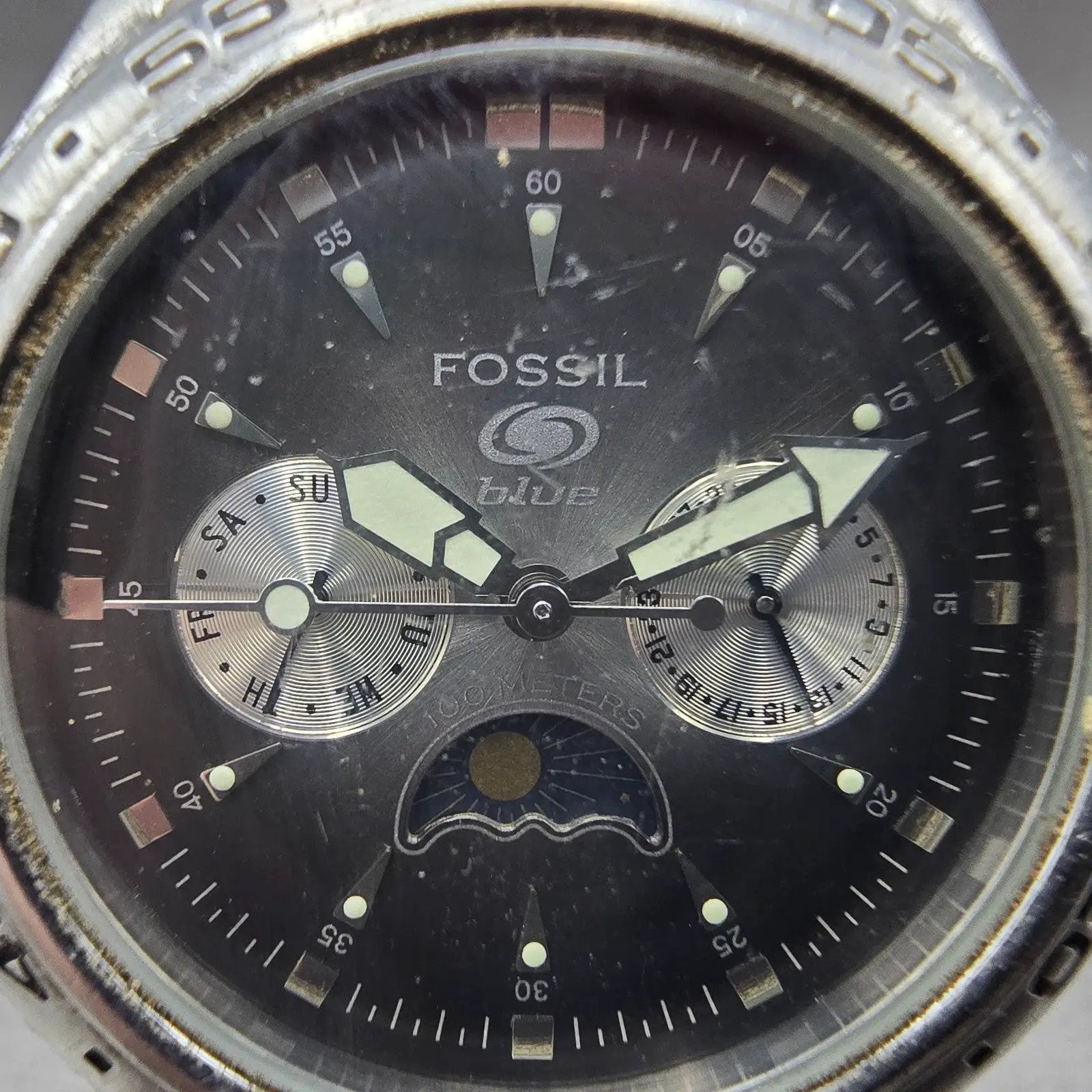 Fossil Blue Dive Watch Men 40mm Gray Dial Steel Daydate Sun Moon BQ-9135 New Bat1