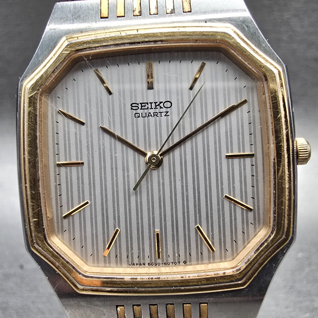 Seiko Watch Men 31mm Silver Dial Two Tone Rectangle 6030-5080 New Battery1