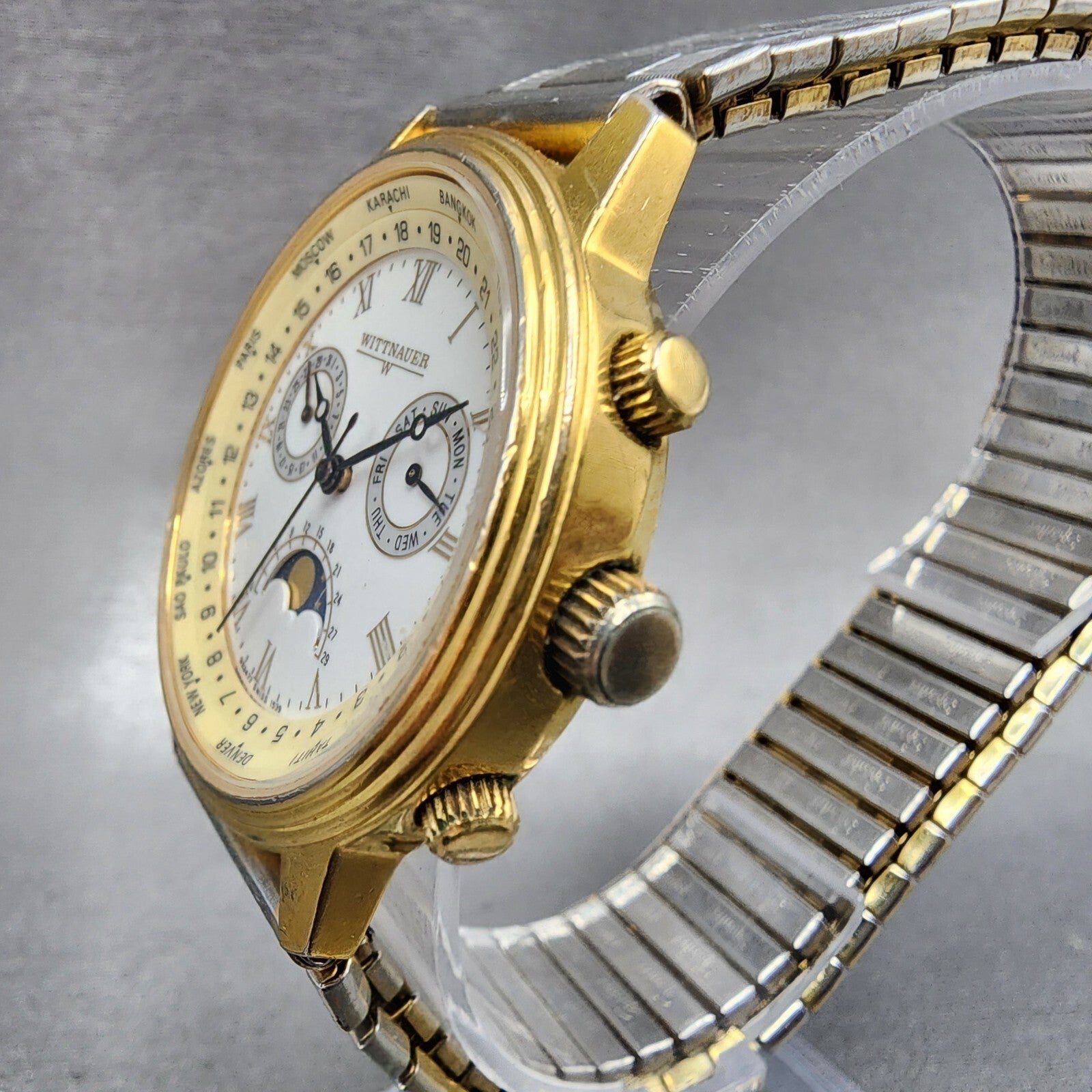 Wittnauer Moonphase Watch Men 37mm White Dial Gold Tone Daydate Round New Batt2