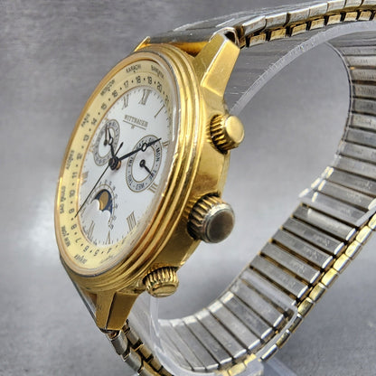Wittnauer Moonphase Watch Men 37mm White Dial Gold Tone Daydate Round New Batt2