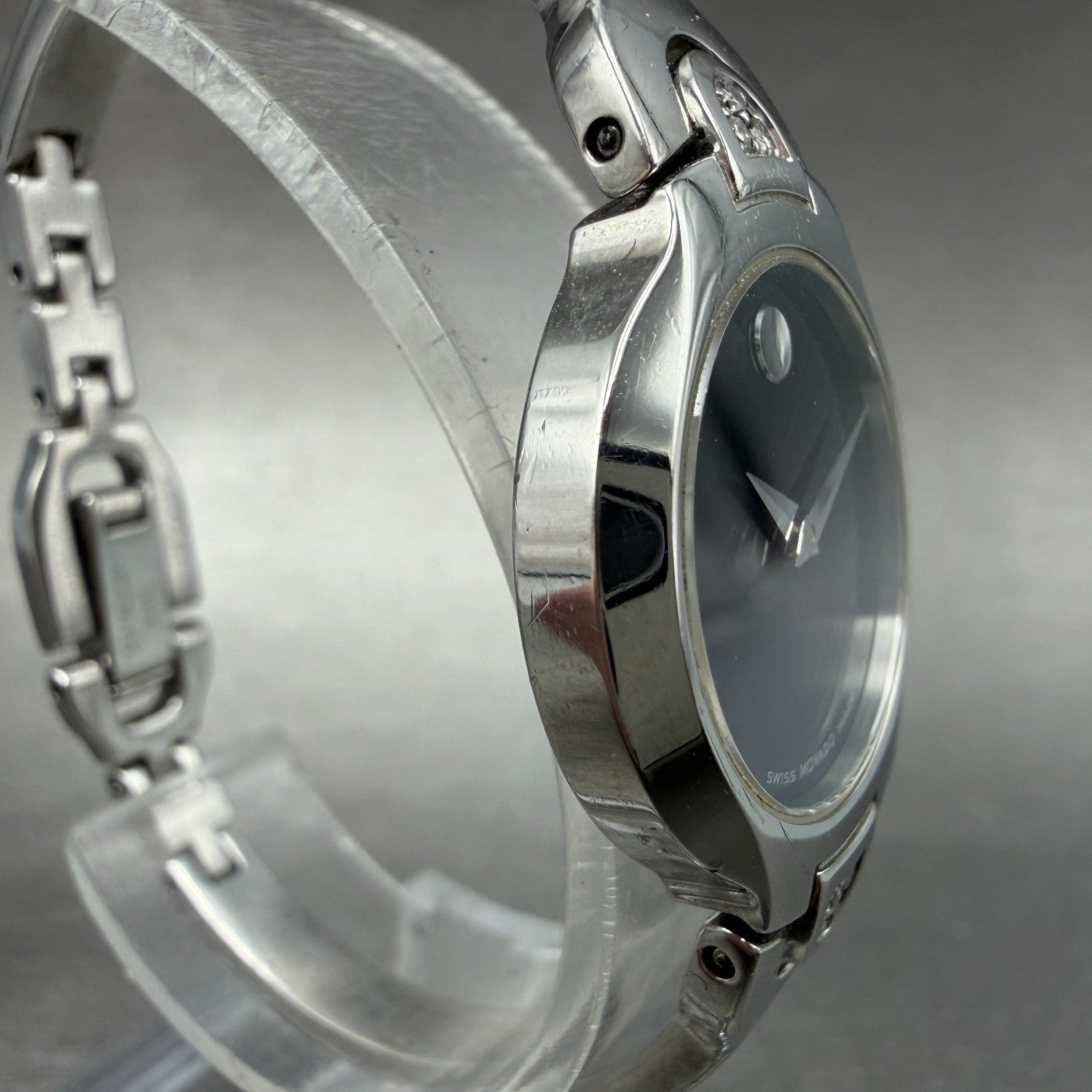 Movado Kara Watch Women 24mm Black Dial Steel Diamonds Bangle 84-A1-1846 NewBatt3