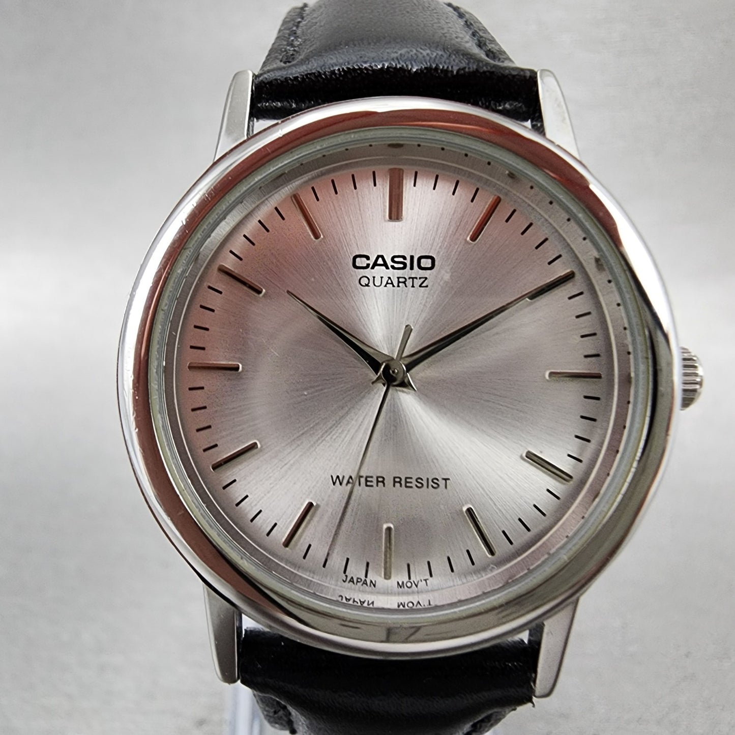 Casio Watch Men 33mm Silver Dial Silver Tone Round Leather MTP1403 New Battery1