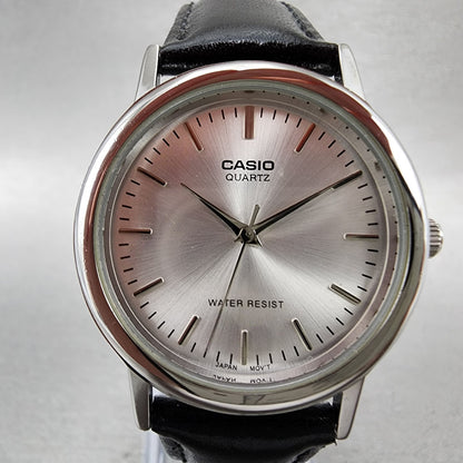 Casio Watch Men 33mm Silver Dial Silver Tone Round Leather MTP1403 New Battery1