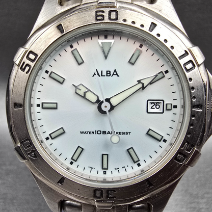 Alba Dive Watch Men 38mm White Dial Silver Tone Date Round V730-0R20 New Batt1