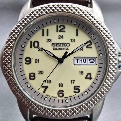Seiko Watch Men 38mm Luminous Dial Silver Tone Daydate 7N43-6B20 New Battery VTG1