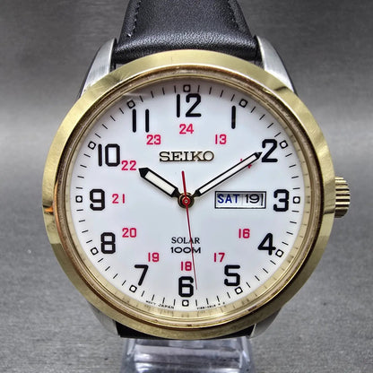 Seiko Solar Watch Men 43mm White Dial Two Tone Daydate Round V158-0AS0 Runs JP0