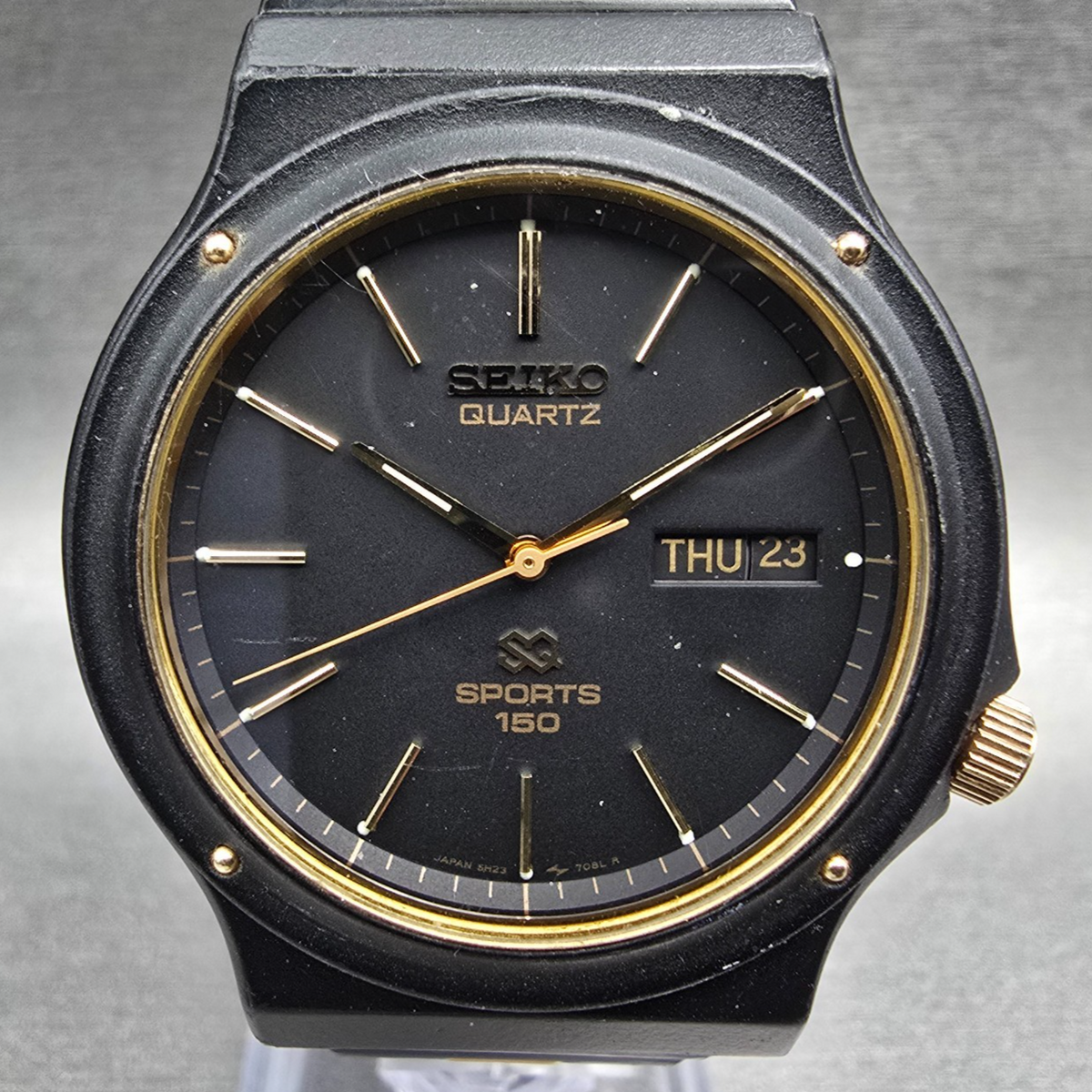 Seiko Sports 150 Watch Men 37mm Black Dial Black&Gold Daydate 5H23-7029 New Batt1