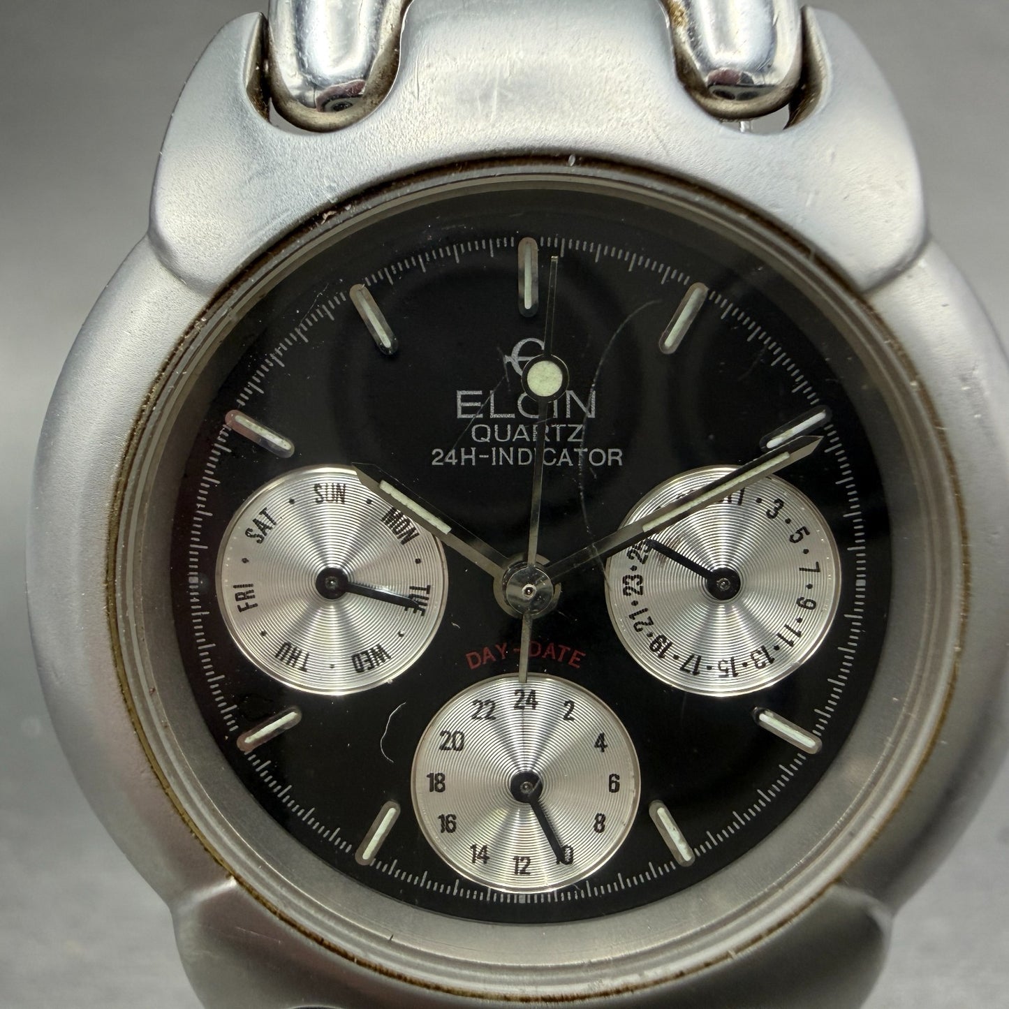 Elgin Watch Men 34mm Black Dial Silver Tone Round Daydate FK-366 New Battery1