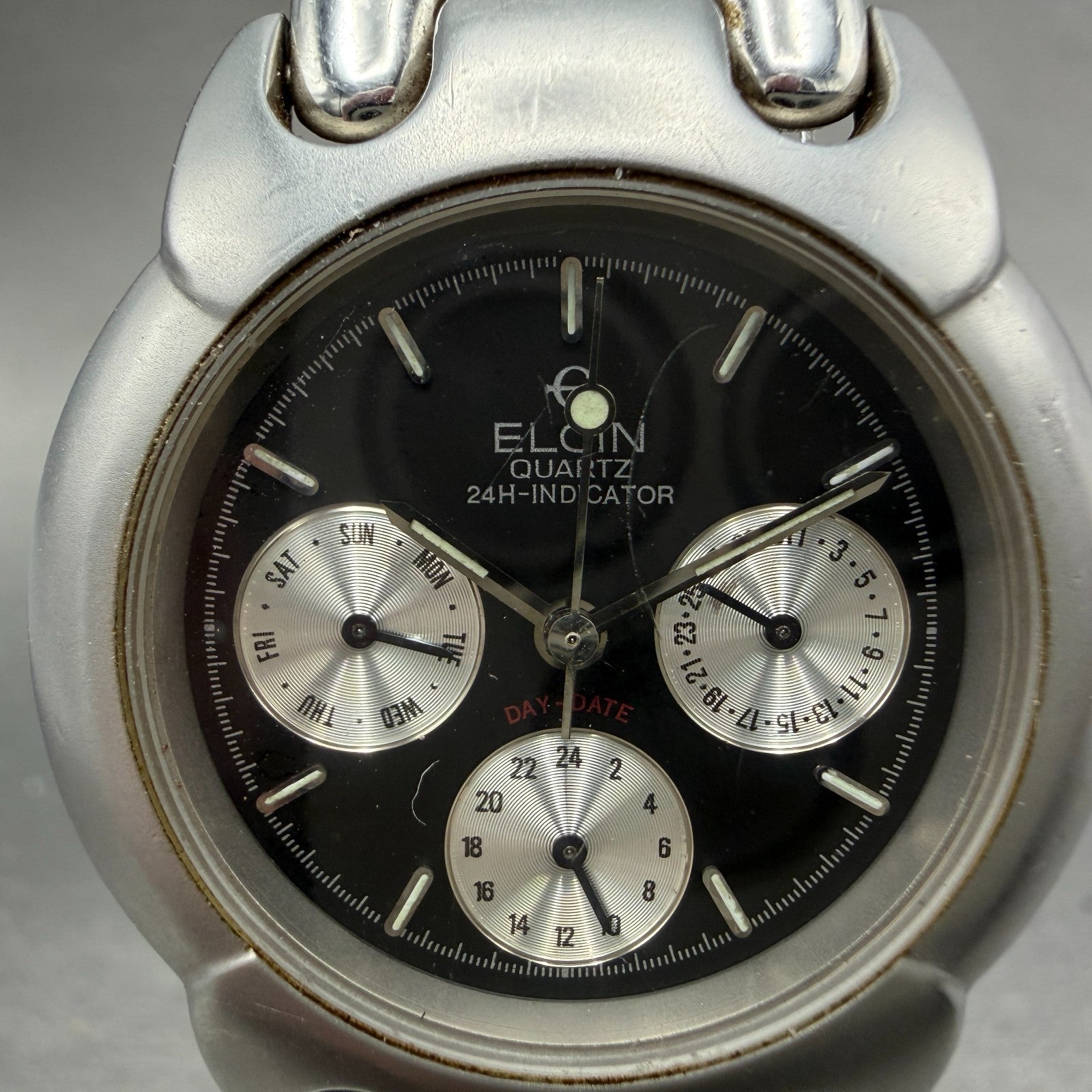 Elgin Watch Men 34mm Black Dial Silver Tone Round Daydate FK-366 New Battery1