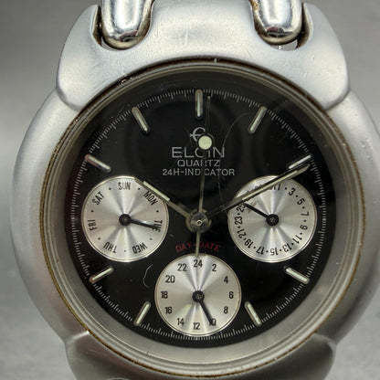 Elgin Watch Men 34mm Black Dial Silver Tone Round Daydate FK-366 New Battery1