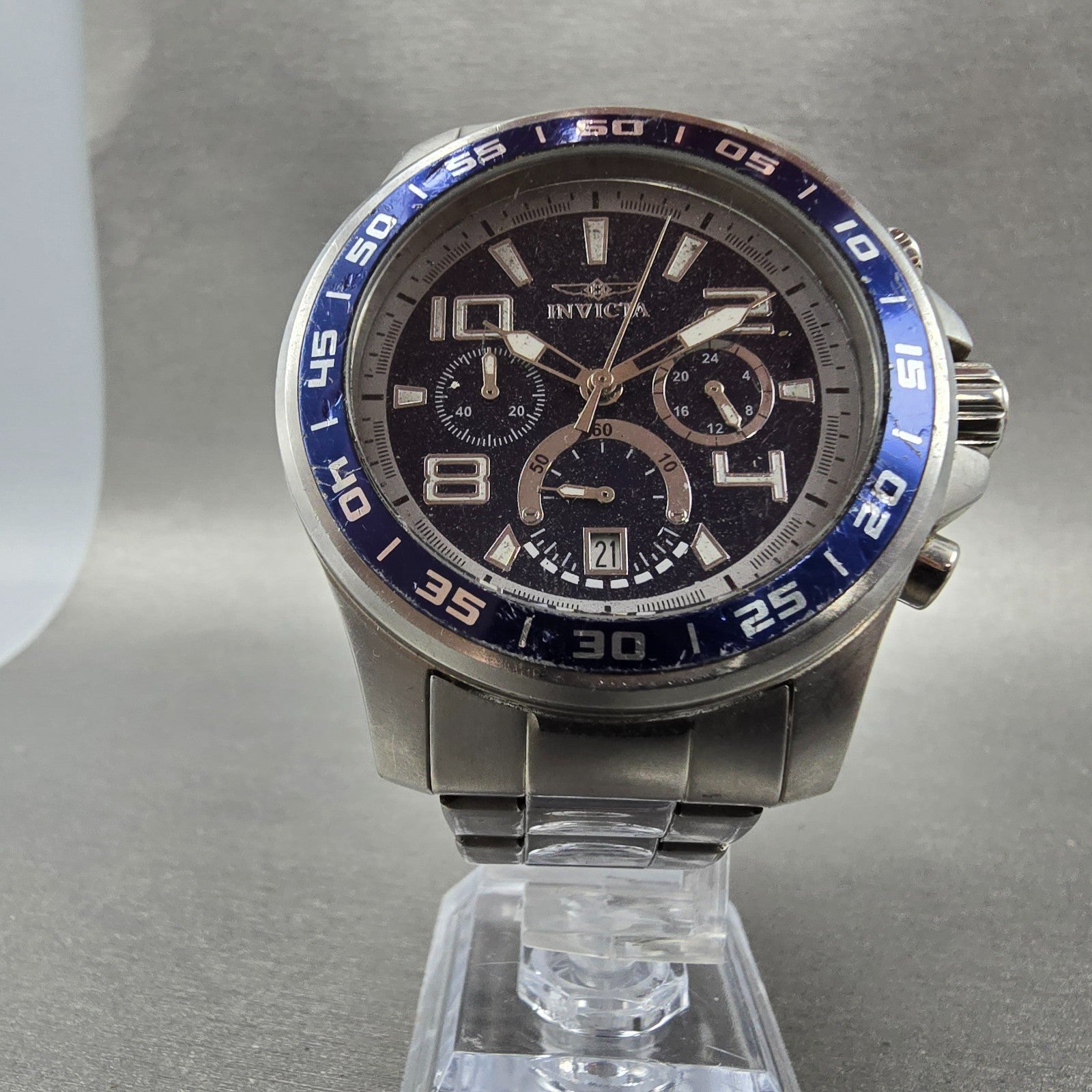 Invicta Chronograph Watch Men 45mm Blue Dial Silver Tone Date Round 14332 PARTS6