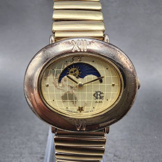 Seiko Alba Moon Phase Watch Women 32mm Champagne Dial Gold Tone V8065000 NewBat0