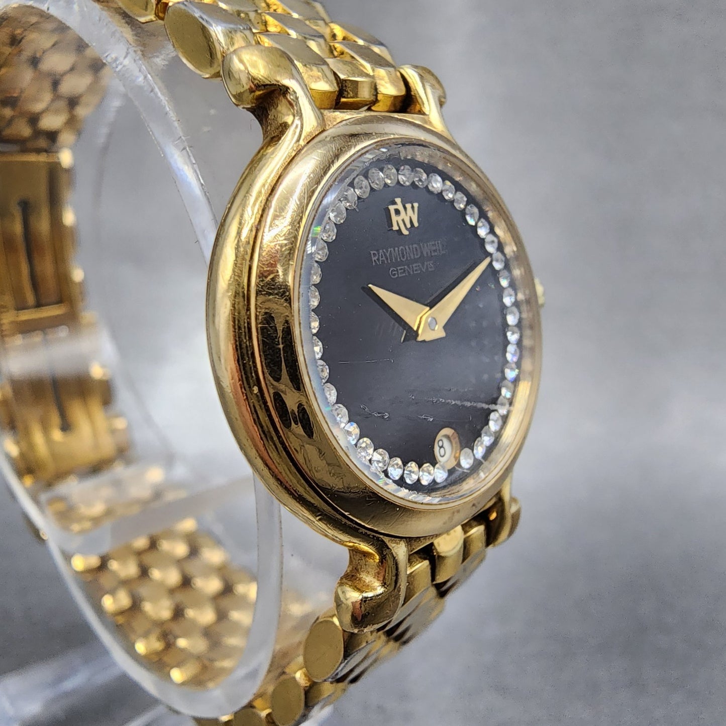 Raymond Weil Watch Women 24mm Black Dial Gold Plated Diamonds 9937 New Battery3
