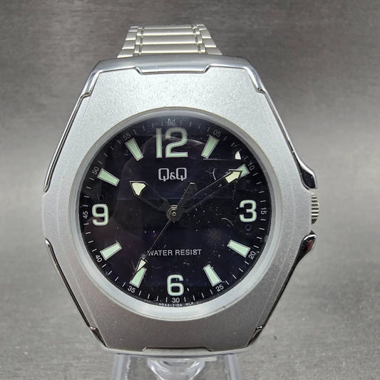 Citizen Q&Q Solar Watch Men 40mm Blue Dial Silver Tone Hexagon Runs Bracelet0