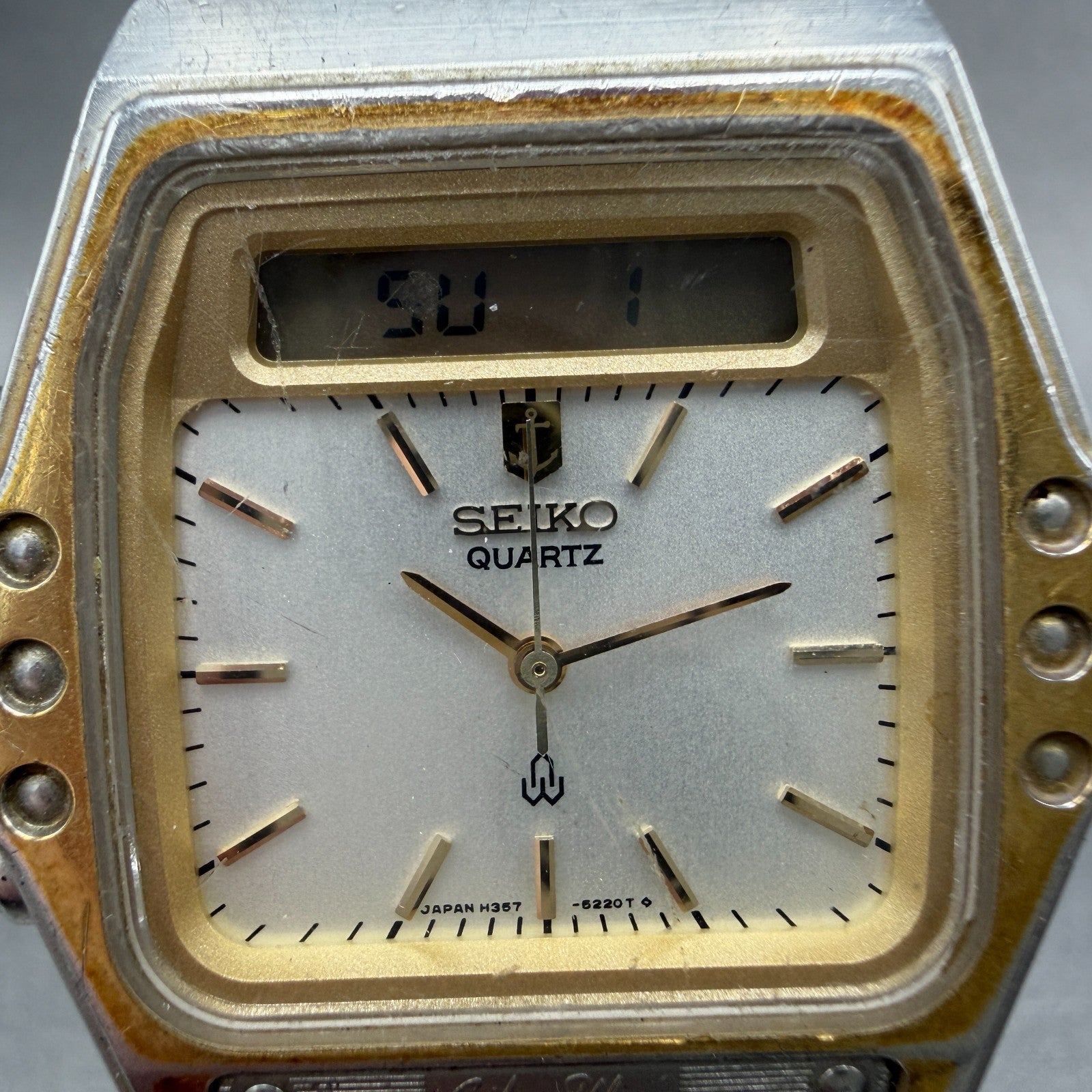 Seiko Analog Digital Watch Men 35mm Silver Dal Two Tone H357-5140 PARTS Vintage2