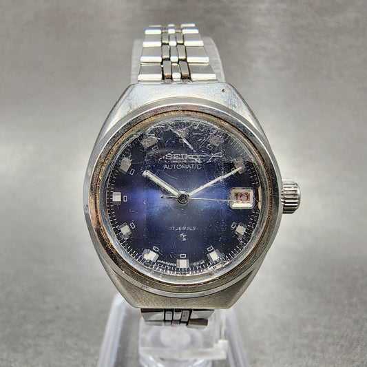 Seiko Automatic Watch Women 25mm Blue Dial Silver Tone Date 2205-0520 Runs
