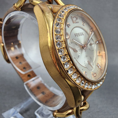 Fossil Riley Watch Women 38mm Silver Dial Rose Gold Tone Daydate Round New Batt3