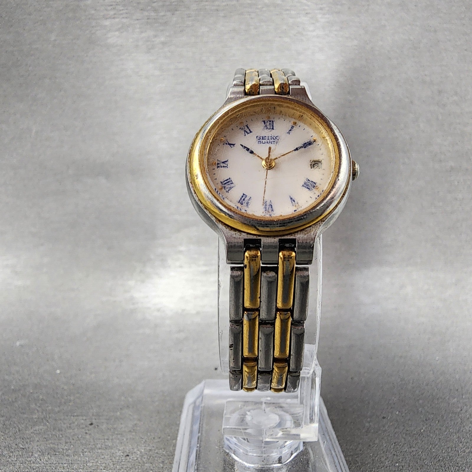 Seiko Watch Women 24mm White Dial Two Tone Date Round 7N826B29 New Battery5