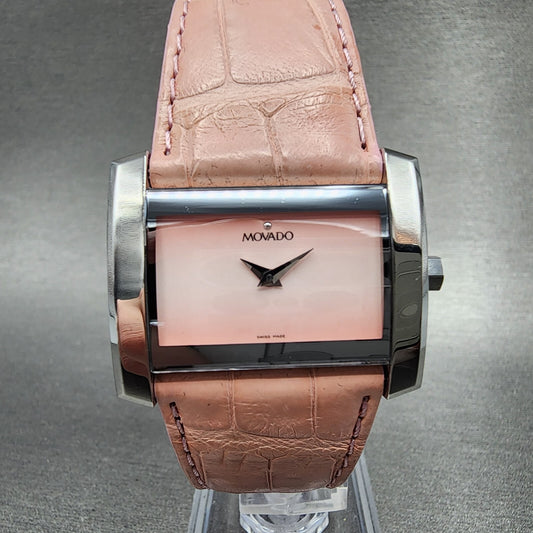 Movado Eliro Watch Women 32mm Pink Dial Silver Tone Rectangle New Battery