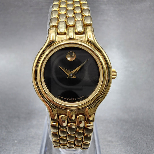 Movado Museum Watch Women 25mm Black Dial Gold Tone Round 88A1827 New Battery0