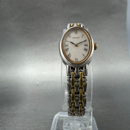 Seiko Watch Women 17mm White Dial Two Tone Oval Vintage V400-1029 New Battery GH5