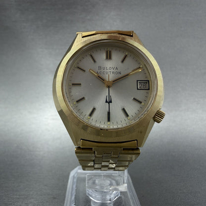 Bulova Accutron Watch Men 37mm Champagne Dial Gold Tone Date Round New Batt N75