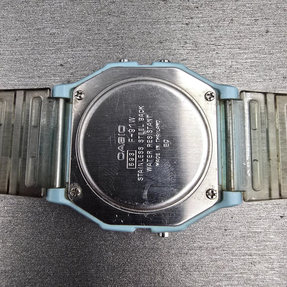 Casio F-91W Digital Watch Women 34mm Blue Clear Band Chrono Alarm New Battery10
