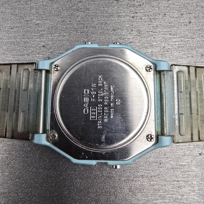 Casio F-91W Digital Watch Women 34mm Blue Clear Band Chrono Alarm New Battery10