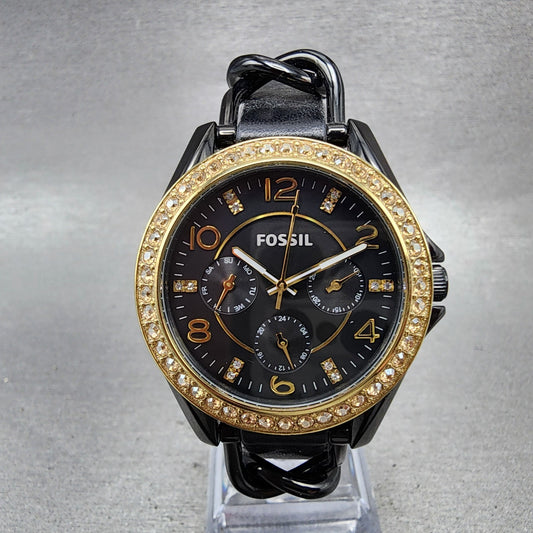 Fossil Riley Watch Women 39mm Black Dial Black Tone Daydate Round ES3696 New Bat0