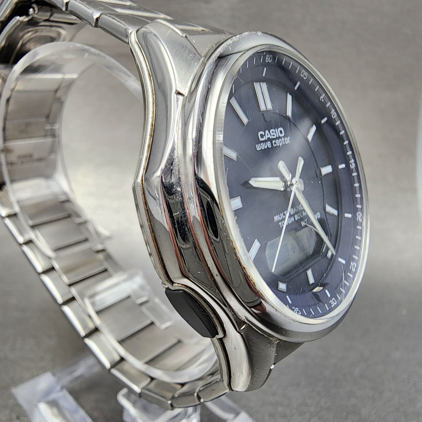 Casio Wave Ceptor Watch Men 42mm Blue Dial Steel Analog Digital Solar Runs5
