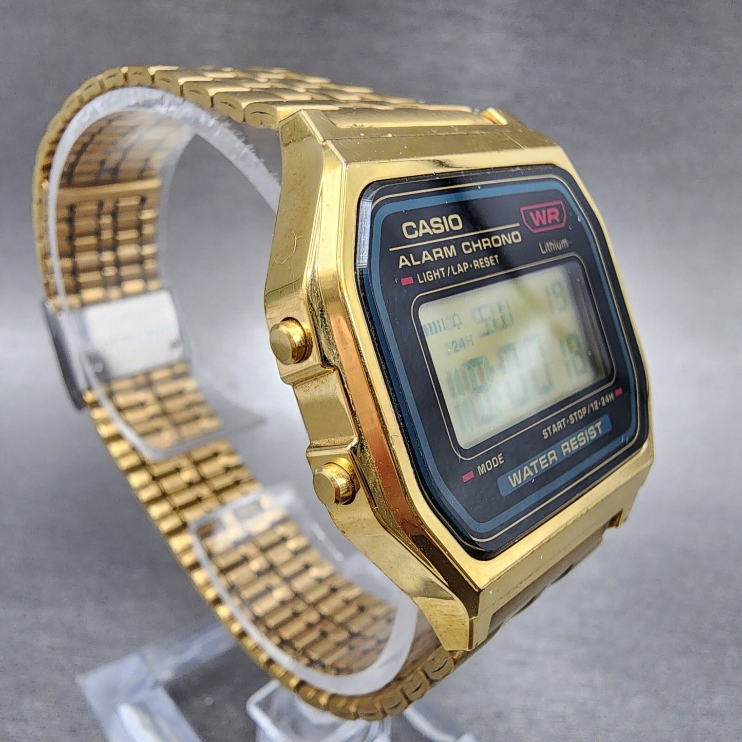 Casio A159 Watch Men 33mm Digital Gold Tone Hexagon Alarm Chrono New Battery3