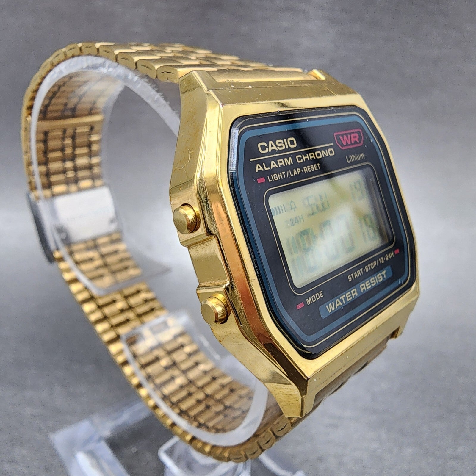 Casio A159 Watch Men 33mm Digital Gold Tone Hexagon Alarm Chrono New Battery3