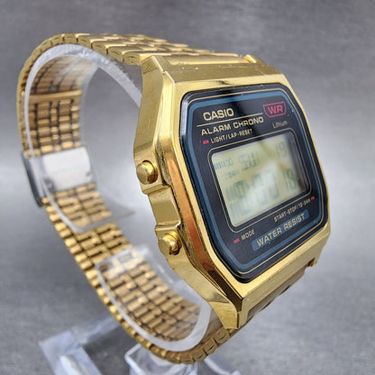 Casio A159 Watch Men 33mm Digital Gold Tone Hexagon Alarm Chrono New Battery3