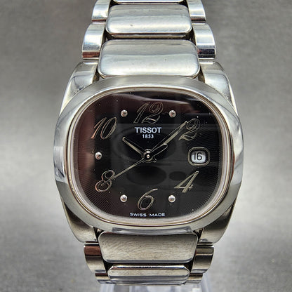Tissot T moments Watch Women 28mm Black Dial Steel Date Rectangle New Battery0