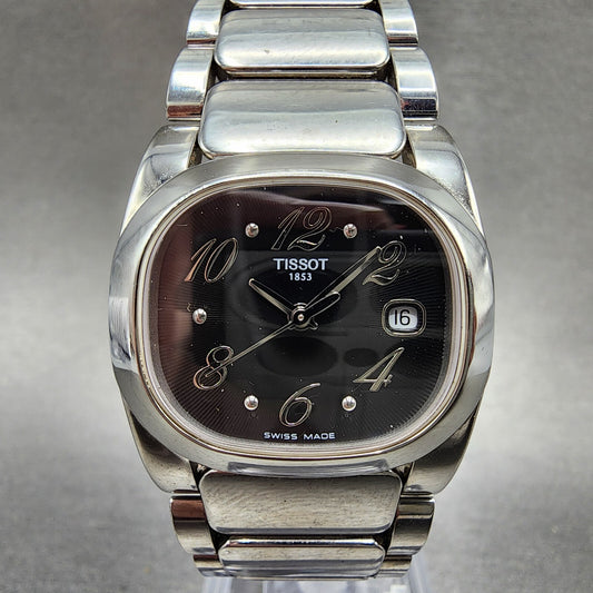 Tissot T moments Watch Women 28mm Black Dial Steel Date Rectangle New Battery0