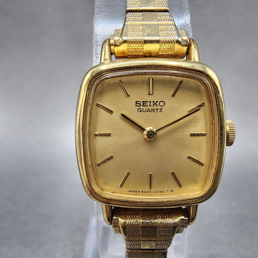 Seiko Watch Women 19mm Champagne Dial Gold Tone Square 54205020 New Battery0