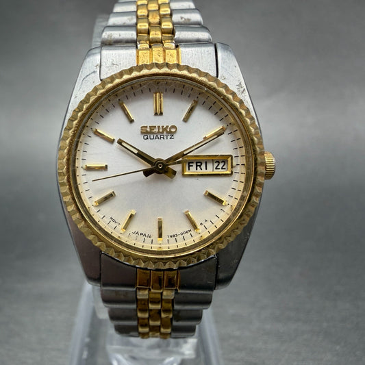 Seiko Watch Women 25mm White Dial Two Tone Daydate Round 7n83-0041 New Batt 87B0