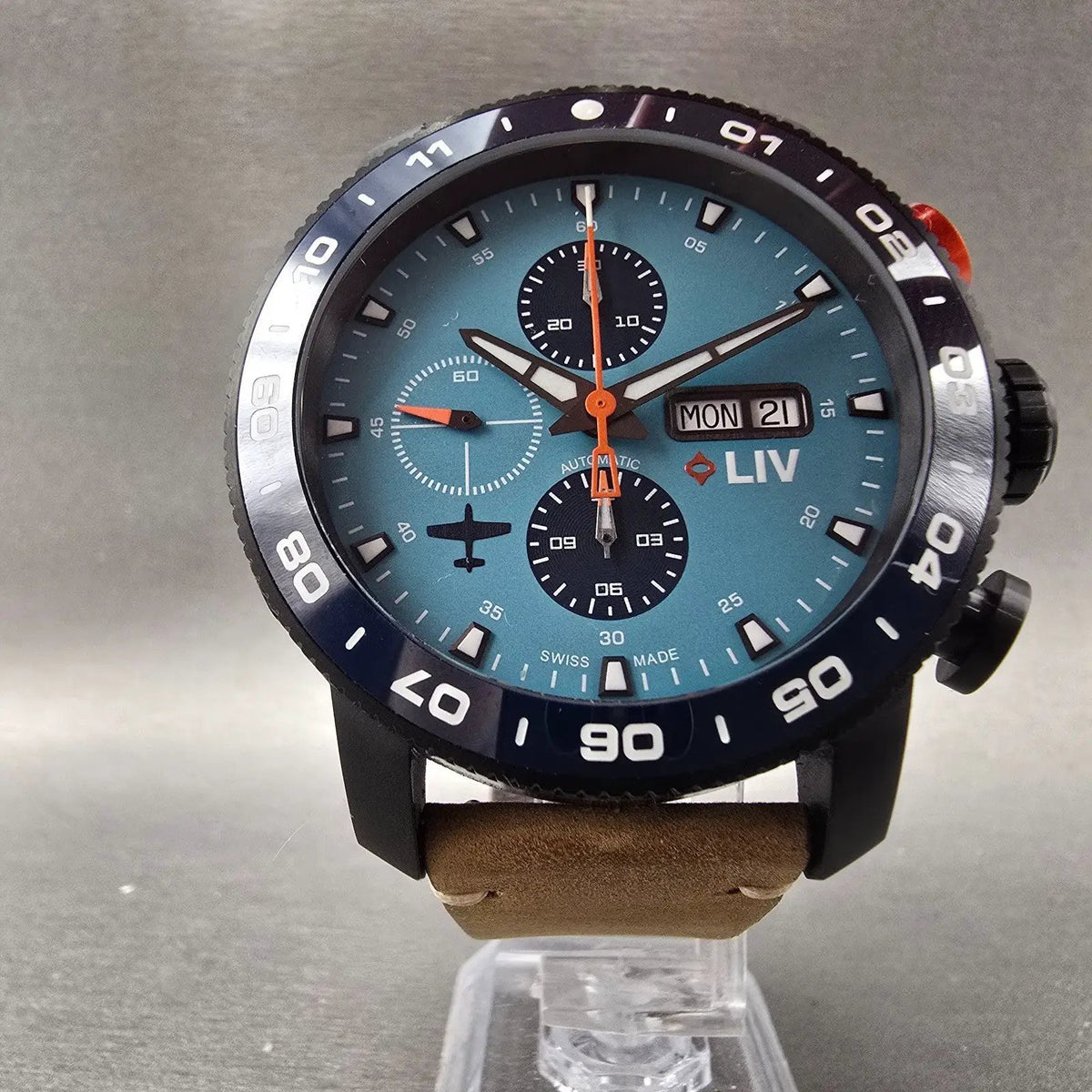 LIV P-51 Cripes A Mighty Chronograph Watch Men 46mm Blue Dial Titanium Automatic6