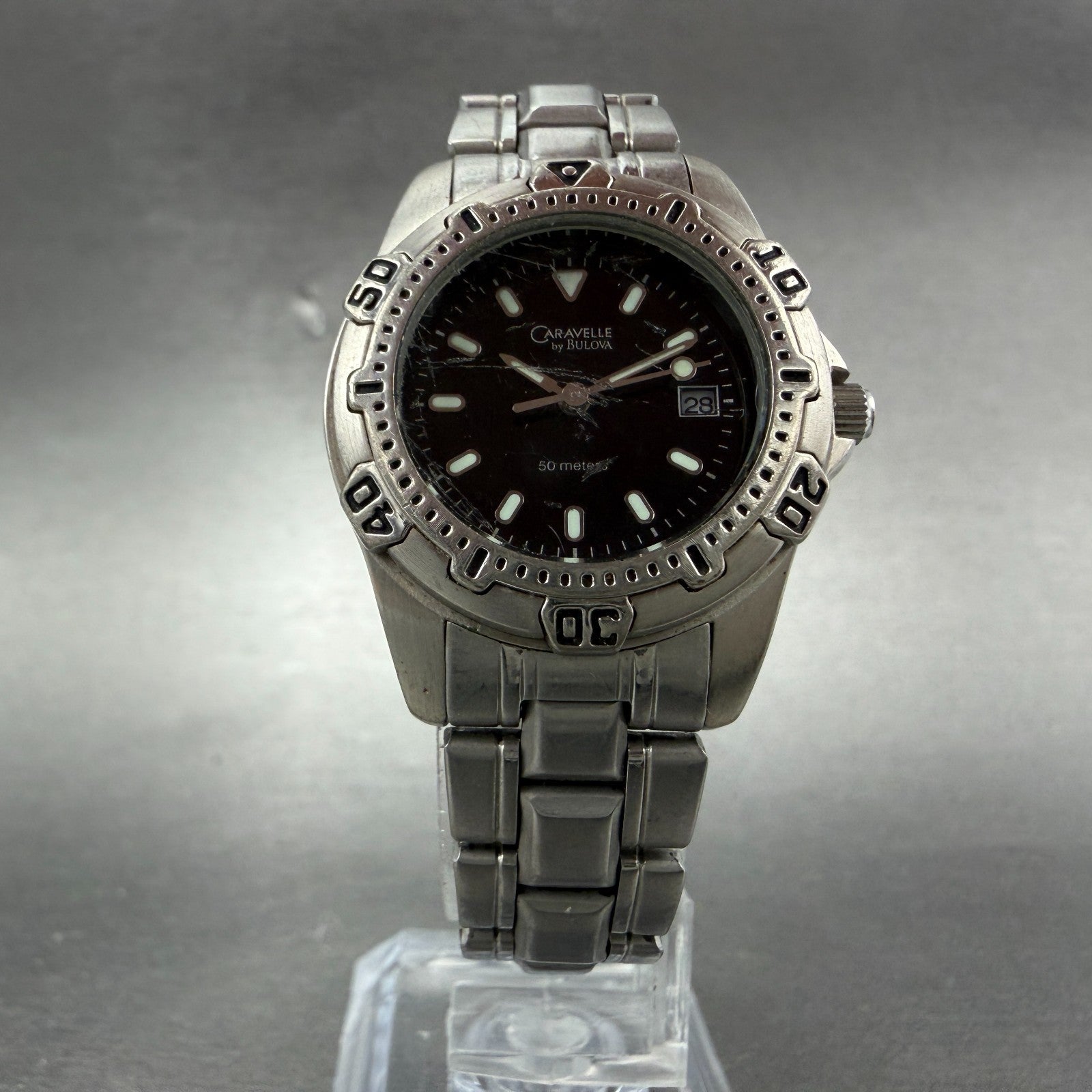 Bulova Caravelle Dive Watch Women 28mm Black Dial Silver Tone Date New battery4