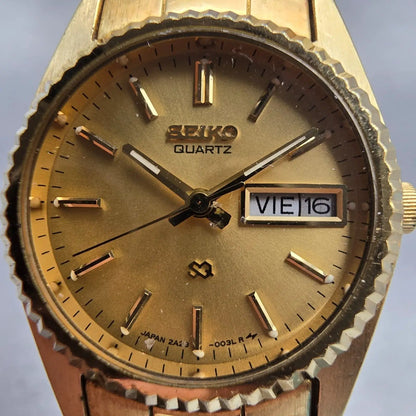 Seiko SQ Watch Women 24mm Gold Dial Gold Tone Daydate Round 2A23-0039 New Batt1