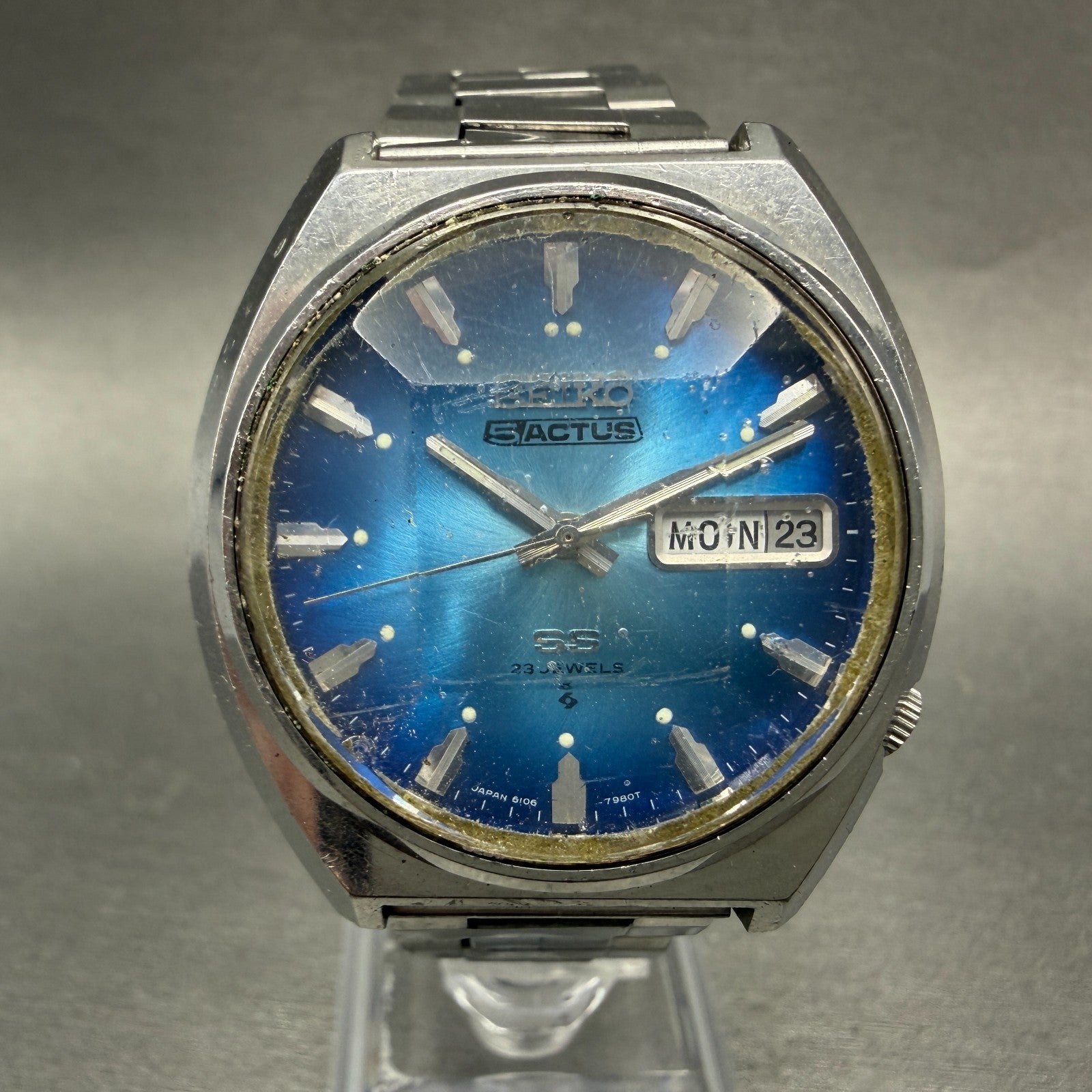 Seiko 5 Actus SS Watch Men 38mm Blue Dial Silver Tone Daydate 6106-7700 PARTS0