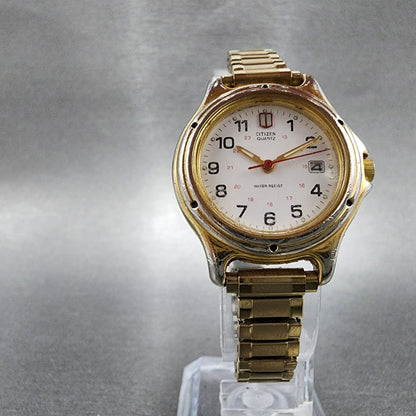 Citizen Watch Women White 27mm Dial Gold Tone Date Round 6010-S37668 New Battery