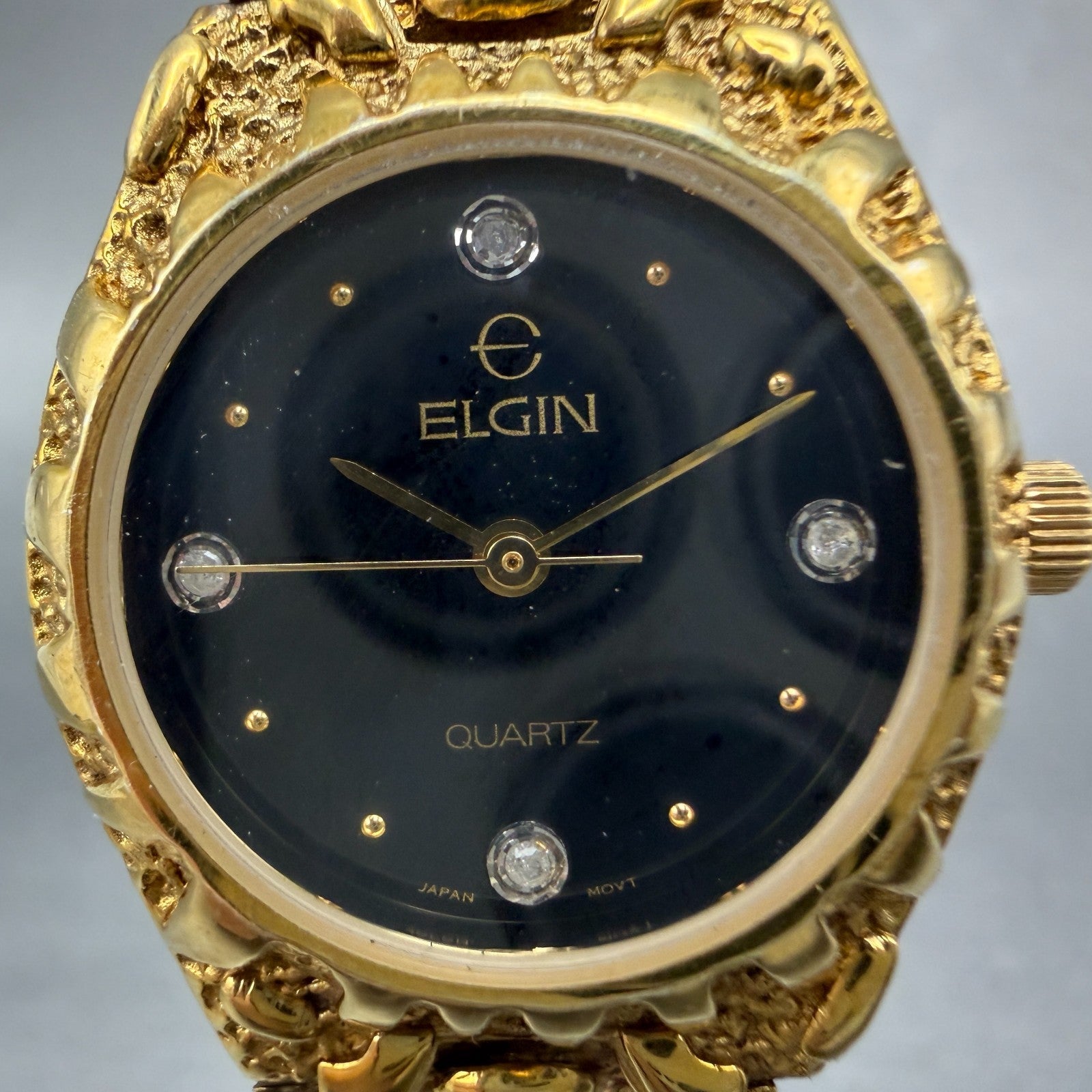 Elgin Watch Women 26mm Black Dial Gold Nugget Case Tone New Battery VTG KLJ1