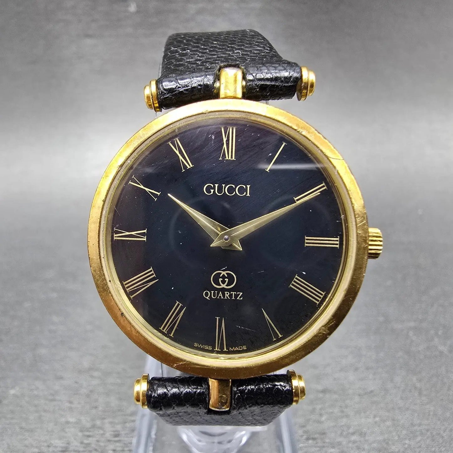 Gucci 2000M Watch Men 30mm Black Dial Gold Plated Leather Round New Battery VTGA0