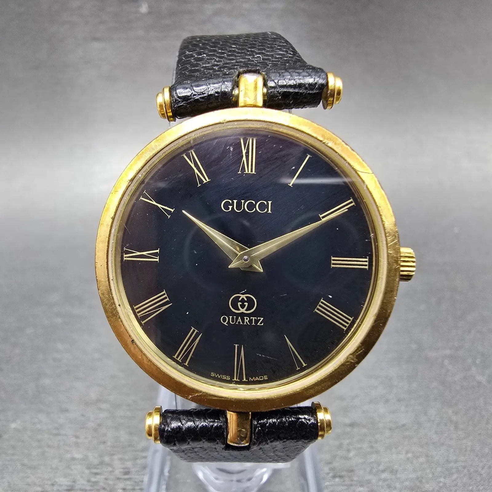 Gucci 2000M Watch Men 30mm Black Dial Gold Plated Leather Round New Battery VTGA0