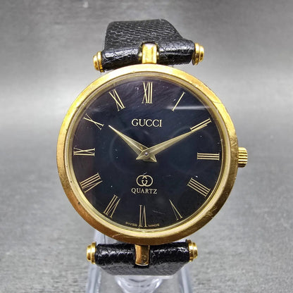 Gucci 2000M Watch Men 30mm Black Dial Gold Plated Leather Round New Battery VTGA0