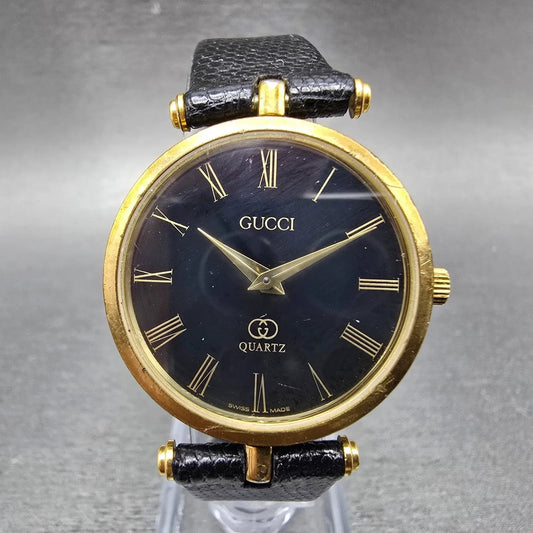 Gucci 2000M Watch Men 30mm Black Dial Gold Plated Leather Round New Battery VTGA0